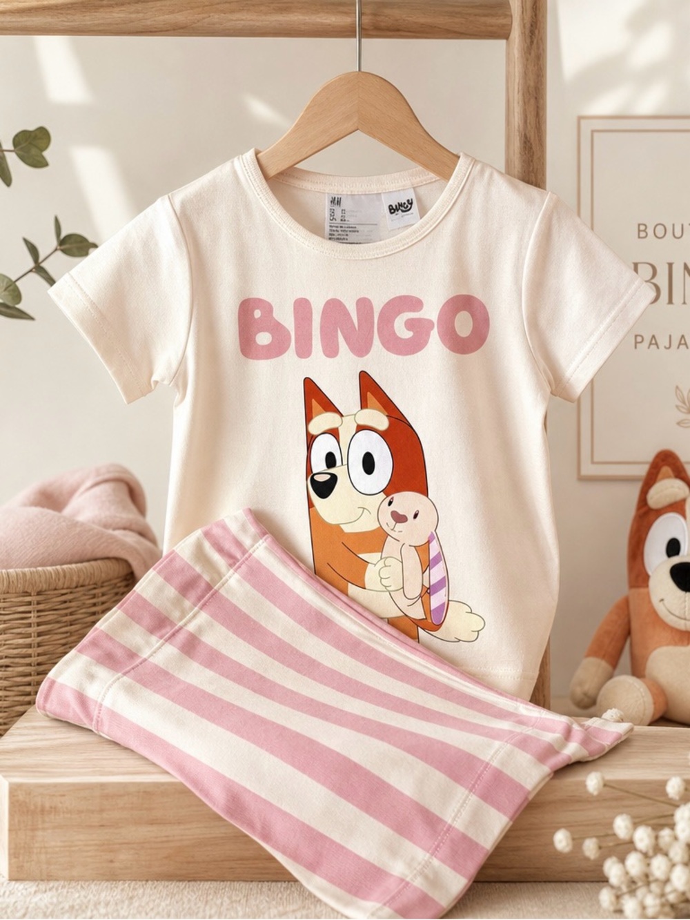NWOT H&M Girls Outfit Set 🐰 Bingo Fluffy Cream Tee + Pink Stripe Shorts Size 5Y